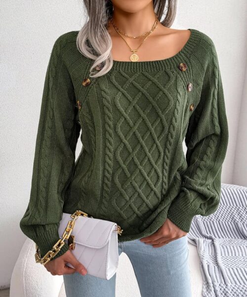 Strickpullover mit quadratischem Ausschnitt und Knopfdesign für den Winter