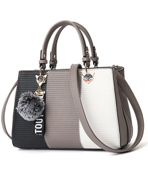 Patchwork-Umhängehandtasche mit Haarball-Ornamenten für Damen