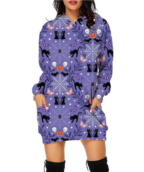 Langer Kapuzenpullover mit Halloween-Print und Taschen