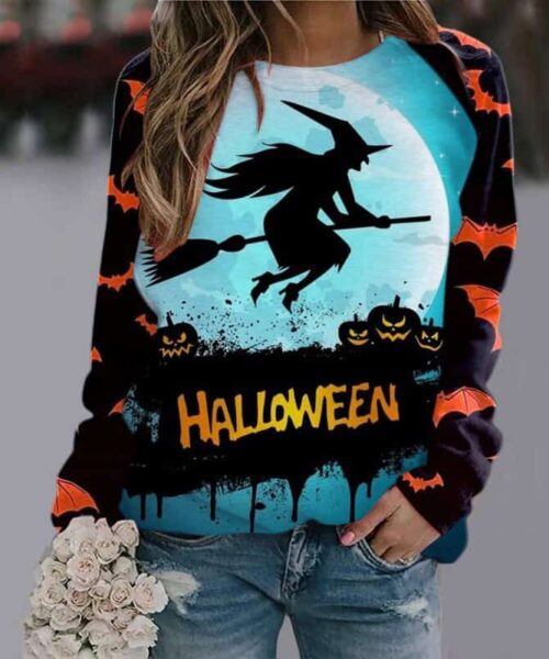 Halloween Cartoon Print Sweatshirt Langarm Pullover Tops Damen