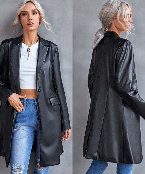 Damen-Leder-Blazeroberteil mit langen Ärmeln und schmalem Windjacke