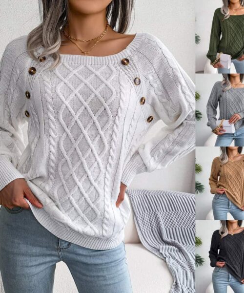 Strickpullover mit quadratischem Ausschnitt und Knopfdesign für den Winter