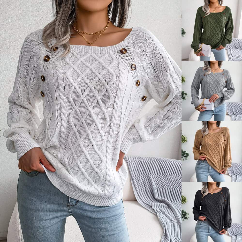Strickpullover mit quadratischem Ausschnitt und Knopfdesign für den Winter