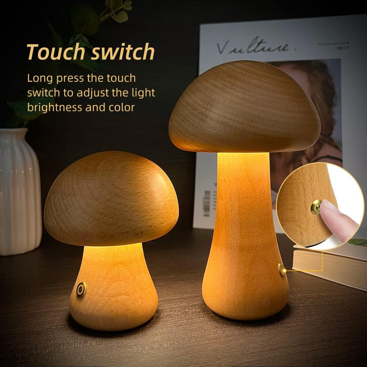 Holz-Pilz-LED-Nachtlicht mit Touch-Schalter für Kinder
