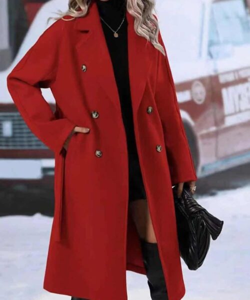 Revers Zweireiher Trenchcoat Mit Gürtel Winter Mode Einfarbig Lange Jacke Outwear Frauen Kleidung