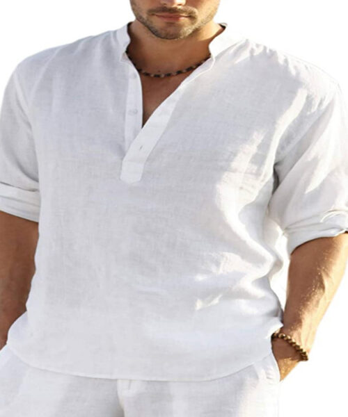 Lässiges Herren-Langarmshirt aus Baumwoll-Leinen in Volltonfarbe