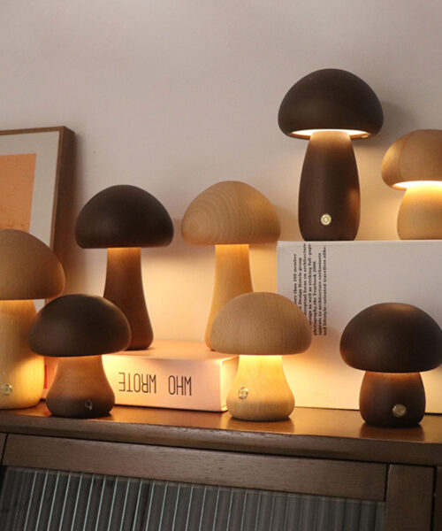 Holz-Pilz-LED-Nachtlicht mit Touch-Schalter für Kinder