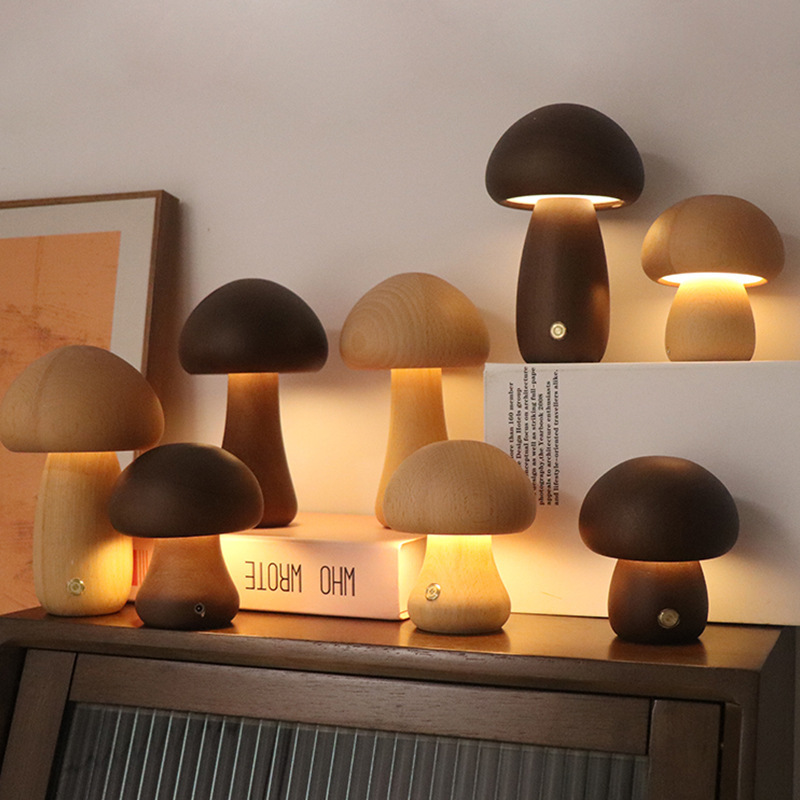 Holz-Pilz-LED-Nachtlicht mit Touch-Schalter für Kinder