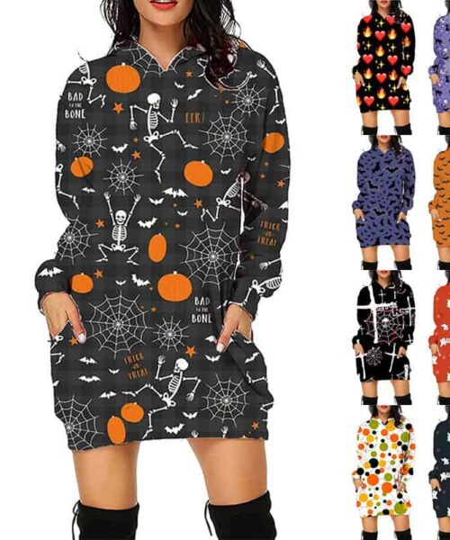 Langer Kapuzenpullover mit Halloween-Print und Taschen