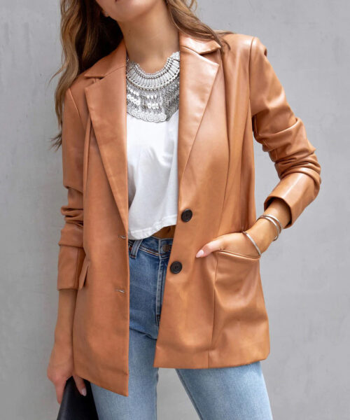 Langarm-Pu-Cardigan-Mantel mit Knöpfen für Damen