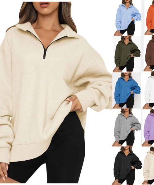 Frauen Sweatshirts Zip Turndown Kragen Lose Casual Tops Kleidung