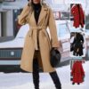 Revers Zweireiher Trenchcoat Mit Gürtel Winter Mode Einfarbig Lange Jacke Outwear Frauen Kleidung