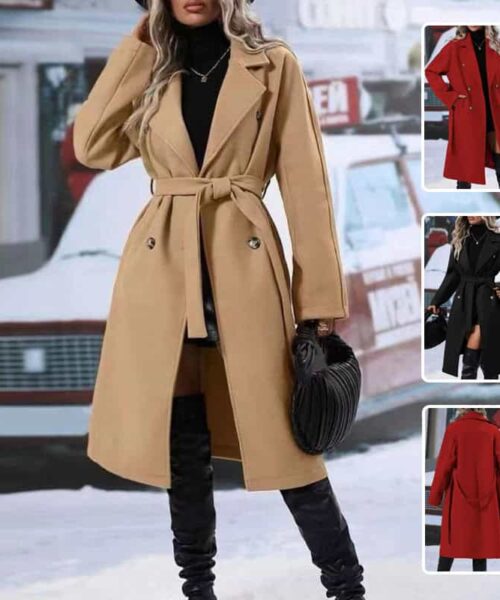 Revers Zweireiher Trenchcoat Mit Gürtel Winter Mode Einfarbig Lange Jacke Outwear Frauen Kleidung