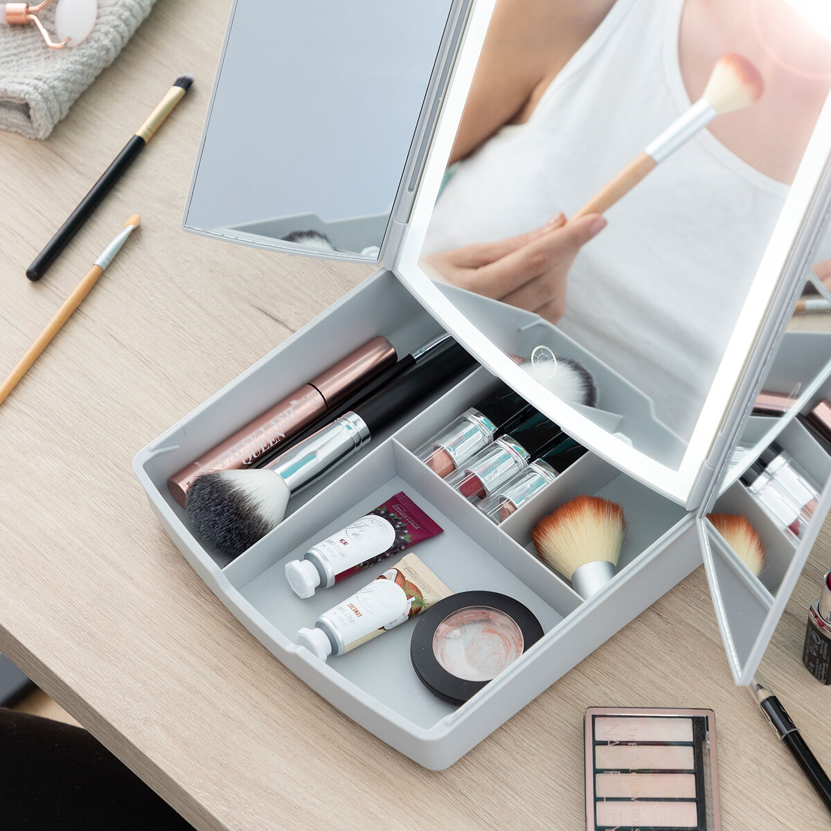 3-in-1 klappbarer LED-Spiegel mit Make-up-Organizer Panomir InnovaGoods